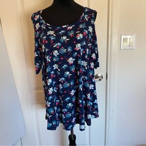 Lane Bryant SZ 18/20 Blue Floral Cold Shoulder Top